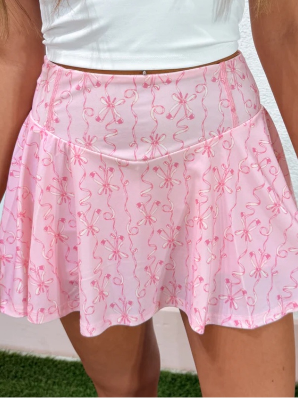 Peach Love California Pink Bow-Print Flared Mini Skirt